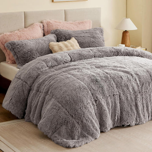 Malea 3 Piece Shaggy Faux Fur Comforter Set Solid Plush Double Sided Box Quilting Design, Modern Casual All Season Quilt Bedding with Matching Sham, King/Cal King, Grey 3 Piece